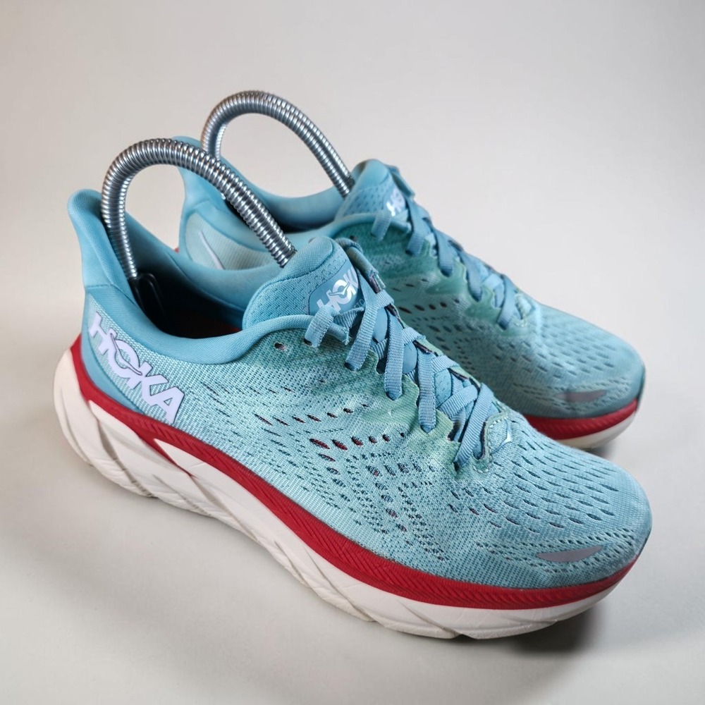 Hoka One One Clifton 8 Womens Size 6 B Blue Red Athletic Running Shoes Sneakers